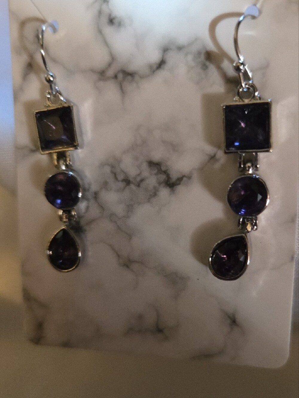 Silver-Tone Purple Dangle Earrings - Three-Stone Drop Design - Picture 3 of 5